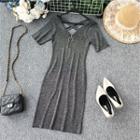 Zip-front Short-sleeve Dress Gray - One Size