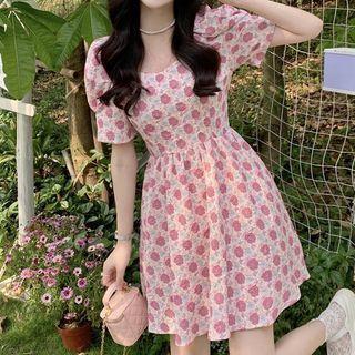 Short-sleeve Floral A-line Dress Rose Pink Floral - Pink - One Size