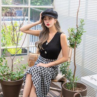 Set: Ribbed Vest + Shirred Long Gingham Pencil Skirt Black - One Size