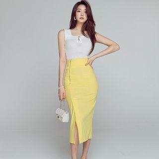 Set: Knit Tank Top + High-waist Midi Fitted Skirt