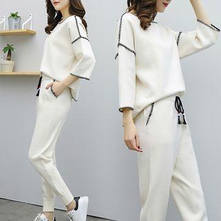 Set: Contrast Trim 3/4 Sleeve Pullover + Drawstring Jogger Pants