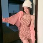 Spaghetti Strap Check Mini Sheath Dress / Bolero Cardigan / Set