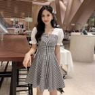 Puff Sleeve Panel V-neck Gingham A-line Dress