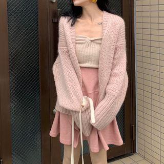Open Front Cardigan / Knit Camisole Top / Mini A-line Skirt