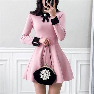 Contrast-collar Knit Flare Mini Shirtdress With Brooch