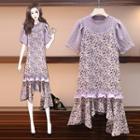 Set: Short-sleeve Blouse + Floral Print Midi Overall Dress
