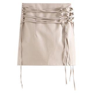 Faux Leather Tie-strap Mini Pencil Skirt