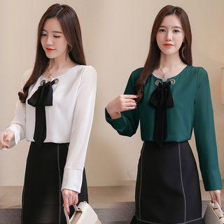 Long-sleeve Ribbon Neck Chiffon Top