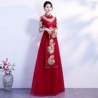 Elbow-sleeve Floral Embroidered A-line Bridal Qipao Dress