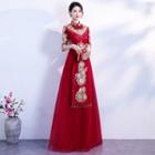 Elbow-sleeve Floral Embroidered A-line Bridal Qipao Dress