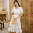 Short-sleeve Cherry Applique A-line Midi Dress