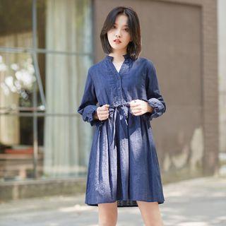 Long-sleeve Split-neck Tie-waist Mini A-line Dress