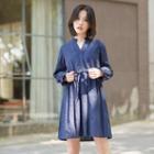 Long-sleeve Split-neck Tie-waist Mini A-line Dress