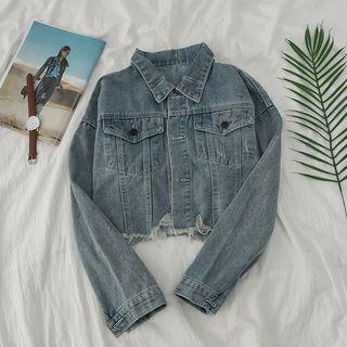 Fray-hem Cropped Denim Jacket Light Blue - One Size