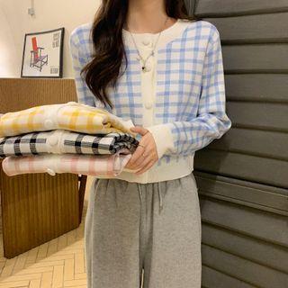 Long-sleeve Round-neck Plaid Cardigan