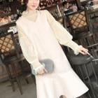 Set:studded Mesh Puff-sleeve Top + Plain Ruffled-trim Acrylic Dress