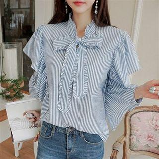 Tie-neck Plain / Stripe Ruffled Blouse