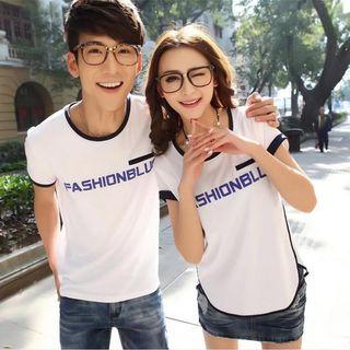 Short-sleeve Contrast-trim Lettering Couple T-shirt