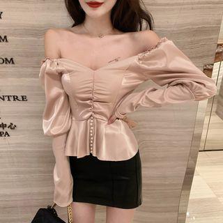 Off-shoulder Silky Shirred Blouse