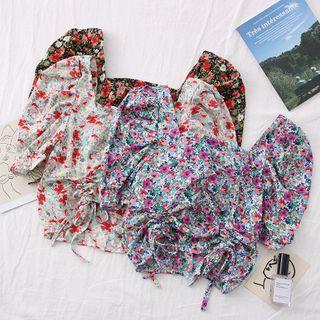 Square-neck Floral Drawstring Crop Blouse