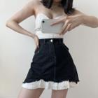 Eyelet Lace Trim Mini A-line Denim Skirt