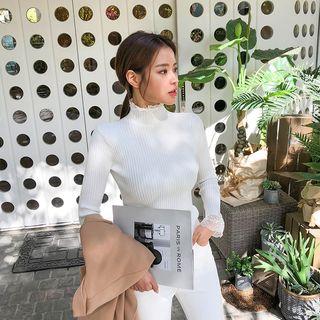 Mock-neck Laced Slim Rib-knit Top