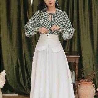 Set: Checkered Blouse + Midi A-line Skirt