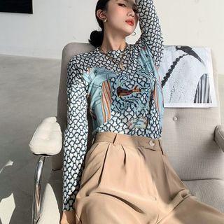 Printed Crewneck Long-sleeve Slim-fit Top