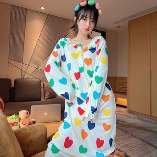 Long-sleeve Heart Print Midi Sleep Dress