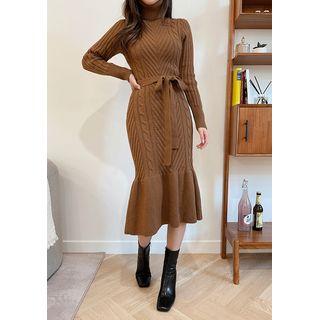 Turtleneck Rib-knit Mermaid Dress With Sash