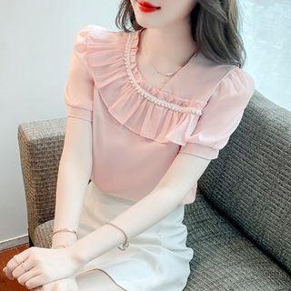 Short-sleeve Faux Pearl Ruffled Chiffon Top