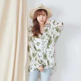Flower Print Chiffon Blouse 6 - Green - One Size