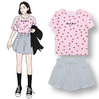 Strawberry Print Short-sleeve Cropped T-shirt / Denim Mini A-line Skirt
