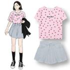 Strawberry Print Short-sleeve Cropped T-shirt / Denim Mini A-line Skirt