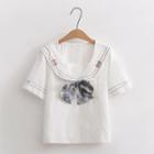 Short-sleeve Sailor Collar Embroidered T-shirt White - One Size