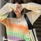 Long-sleeve Rainbow Cropped Knit Top Rainbow - One Size