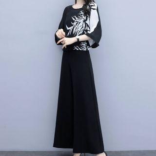 Set: 3/4-sleeve Print Top + Wide-leg Pants