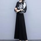 Set: 3/4-sleeve Print Top + Wide-leg Pants