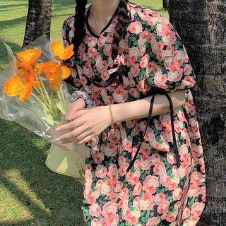 Puff-sleeve Floral Mini A-line Dress Floral - Pink - One Size