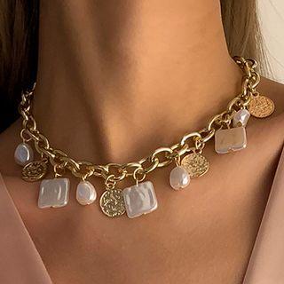 Faux Pearl Coin Cross Alloy Choker