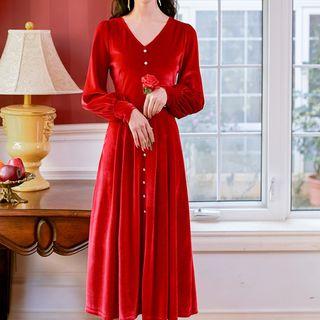 Long-sleeve Button Detail Midi A-line Velvet Dress