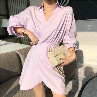V-neck Long-sleeve A-line Shirt Dress Light Purple - One Size
