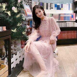 Lantern-sleeve Midi Mesh A-line Dress