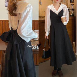 Layered Collar Blouse / Bow Back Midi Overall Dress