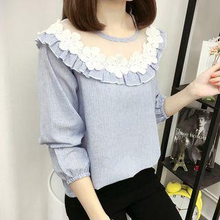 Mesh Panel Striped Long-sleeve Blouse
