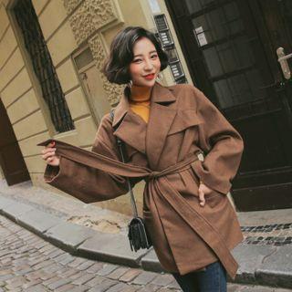 Notched-lapel Short Coat With Tie-belt