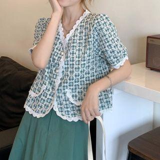 Short-sleeve Plaid Lace Trim Button-up Top / Midi A-line Skirt