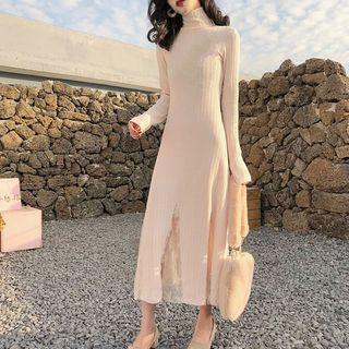 Long-sleeve Mock-neck Lace Panel Midi Dress