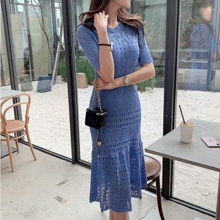 Short-sleeve Pointelle Knit Midi Mermaid Dress