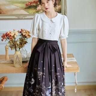 Set: Short-sleeve Lace Panel Blouse + Cat Print Midi A-line Skirt